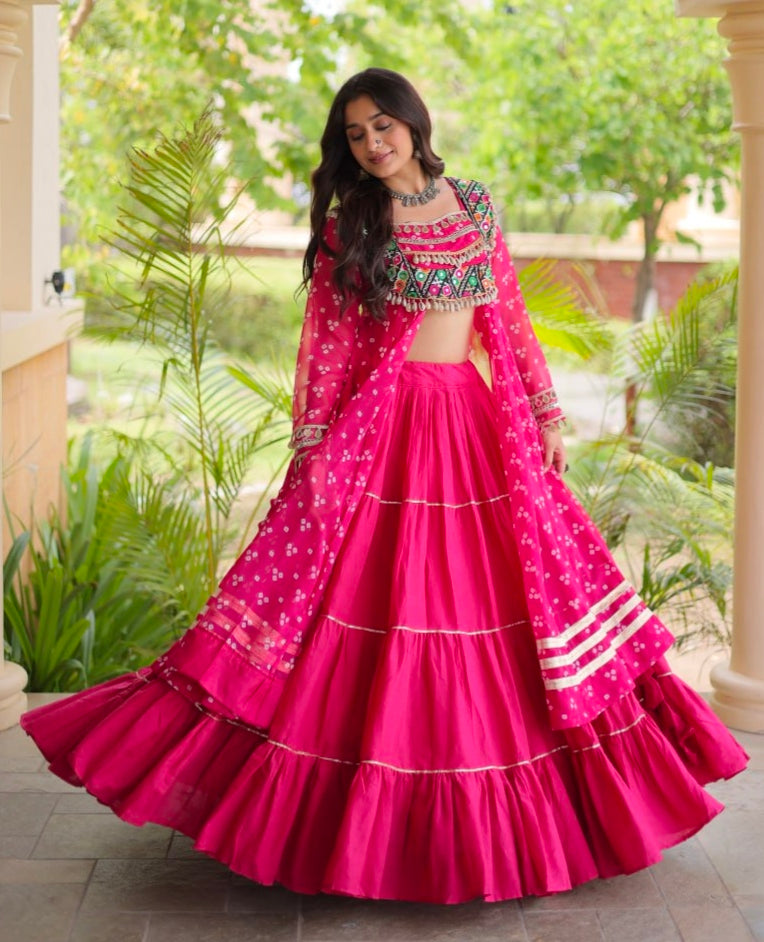 Red Pure Georgette Bandhani Print Kutchi Patchwork Navratri Lehenga Choli With Koti