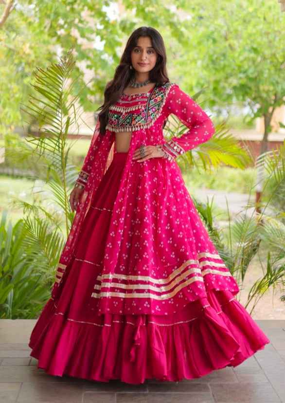 Red Pure Georgette Bandhani Print Kutchi Patchwork Navratri Lehenga Choli With Koti