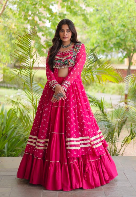 Red Pure Georgette Bandhani Print Kutchi Patchwork Navratri Lehenga Choli With Koti
