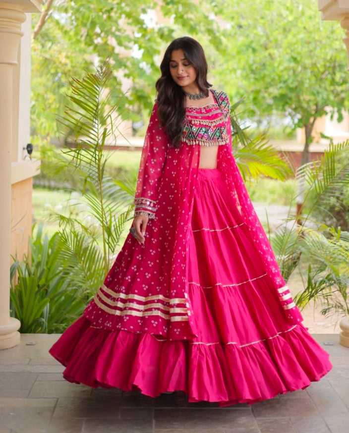 Red Pure Georgette Bandhani Print Kutchi Patchwork Navratri Lehenga Choli With Koti