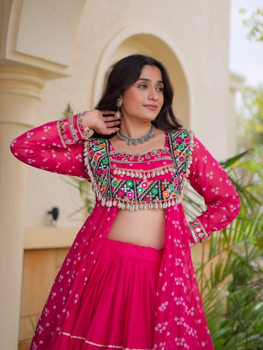 Red Pure Georgette Bandhani Print Kutchi Patchwork Navratri Lehenga Choli With Koti