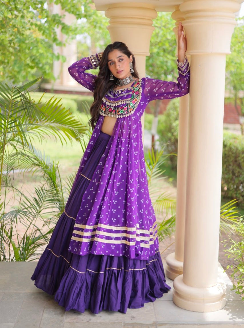 Purple Pure Georgette Bandhani Print Kutchi Patchwork Navratri Lehenga Choli With Koti