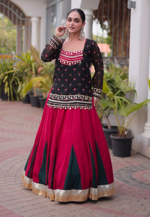 Black & Red Pure Georgette Bandhani Print Kutchi Navratri Lehenga Choli