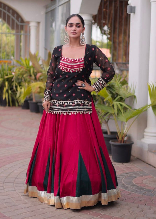 Black & Red Pure Georgette Bandhani Print Kutchi Navratri Lehenga Choli