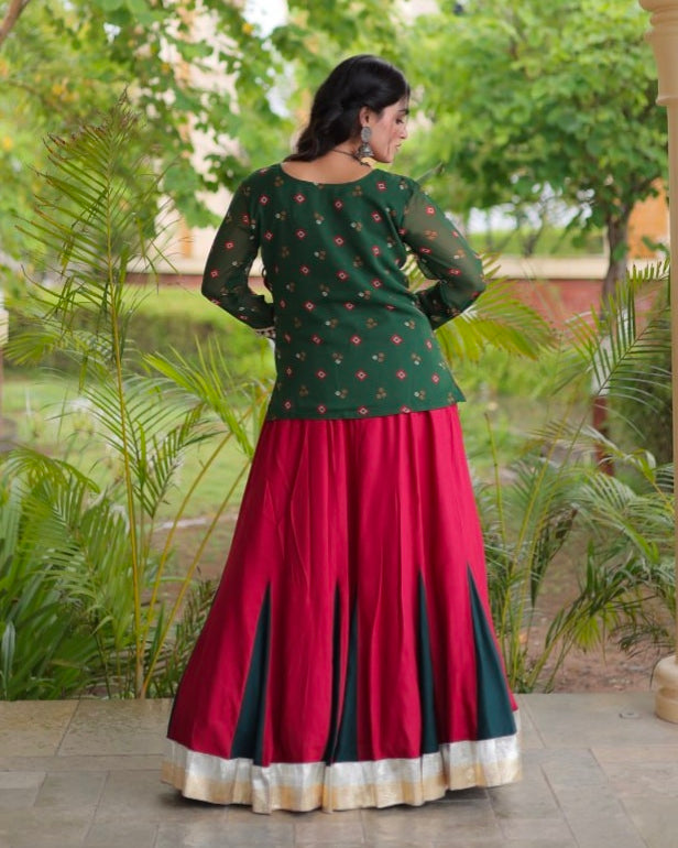 Green & Red Pure Georgette Bandhani Print Kutchi Navratri Lehenga Choli