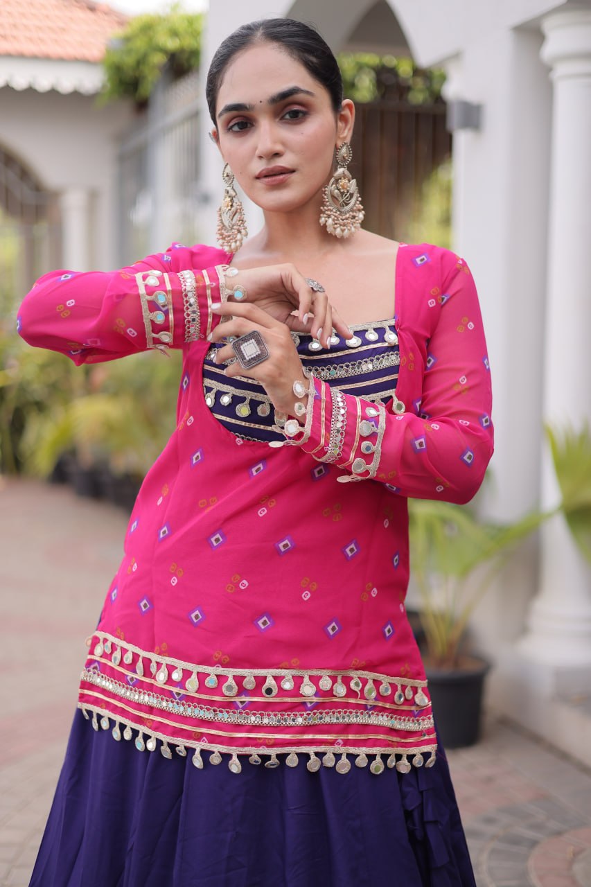 Pink & Blue Pure Georgette Bandhani Print Kutchi Navratri Lehenga Choli