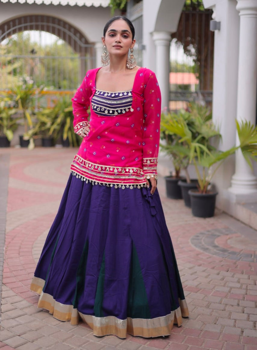 Pink & Blue Pure Georgette Bandhani Print Kutchi Navratri Lehenga Choli