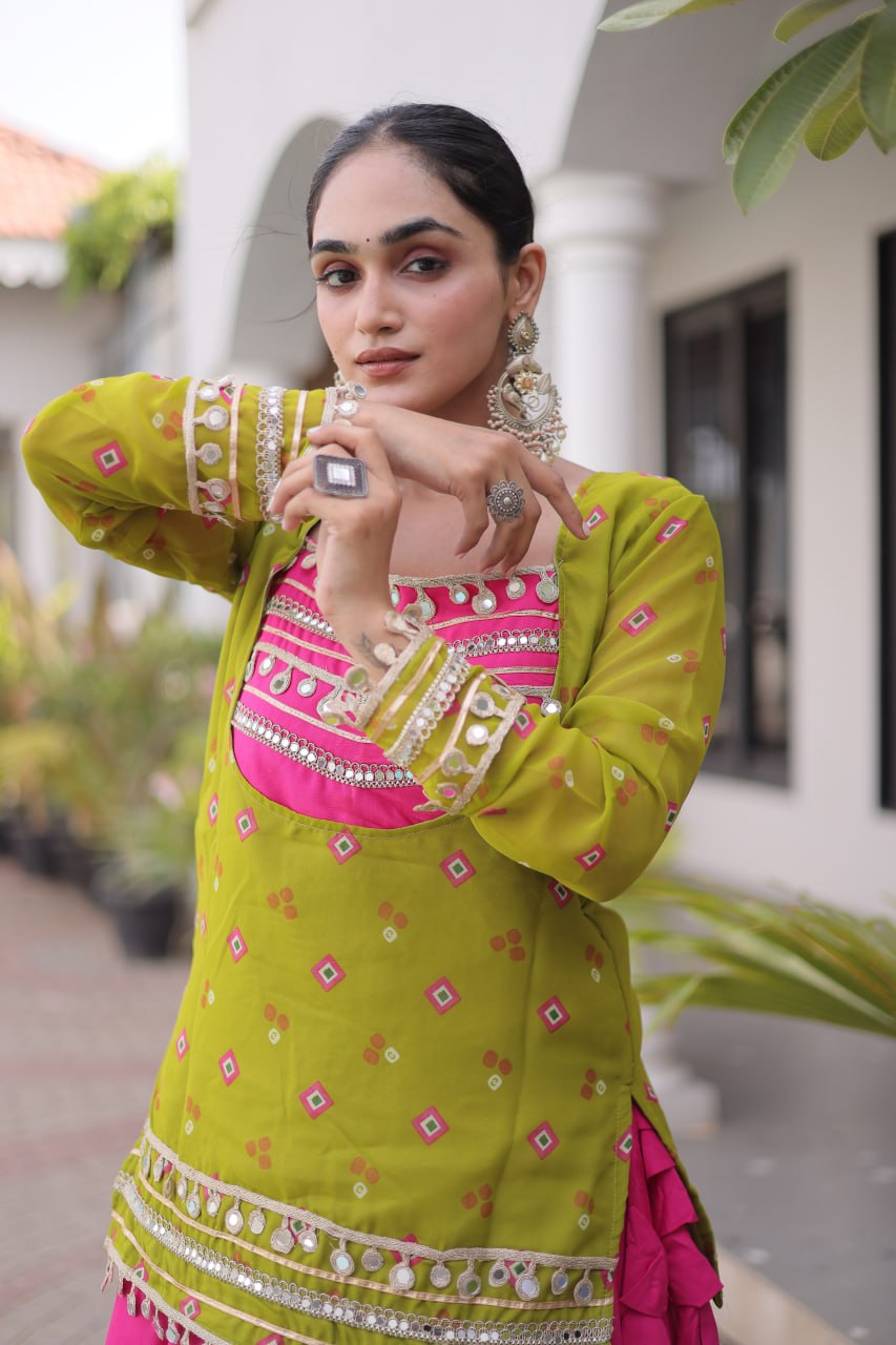 Parrot & Pink Pure Georgette Bandhani Print Kutchi Navratri Lehenga Choli
