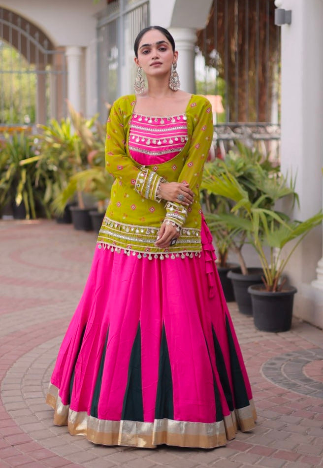 Parrot & Pink Pure Georgette Bandhani Print Kutchi Navratri Lehenga Choli