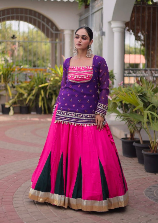 Purple & Pink Pure Georgette Bandhani Print Kutchi Navratri Lehenga Choli