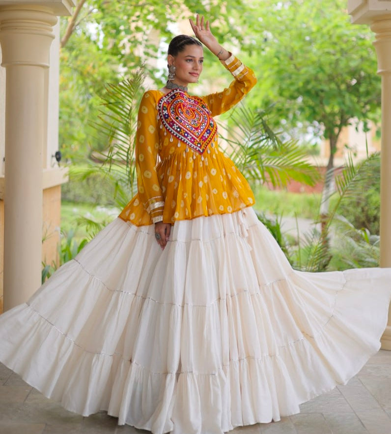 Yellow Pure Georgette Bandhani Print Kutchi Navratri Lehenga Choli