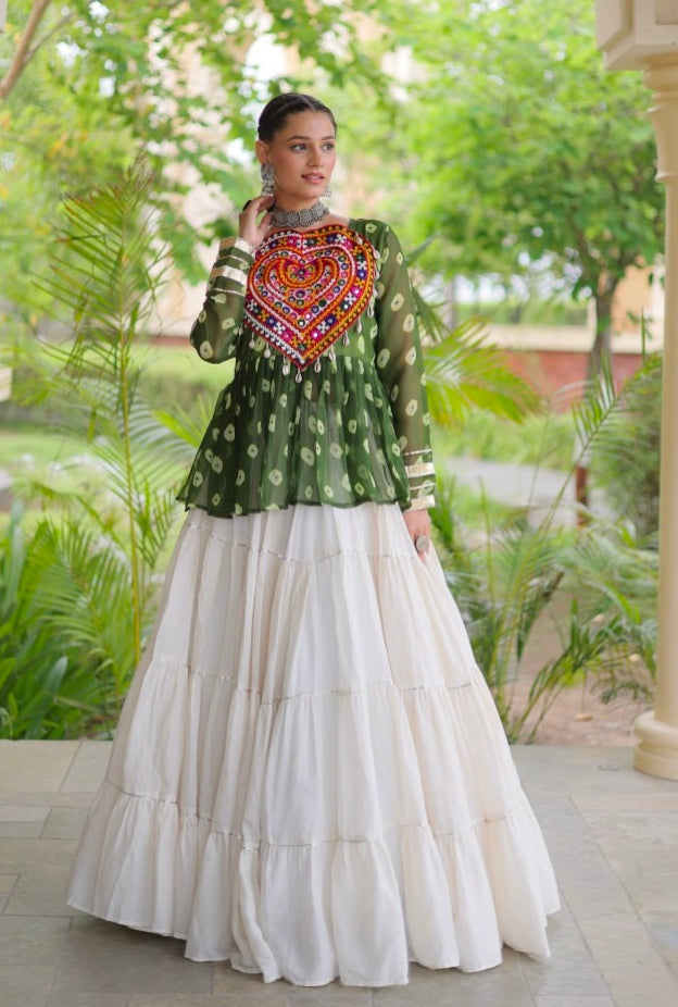 Green Pure Georgette Bandhani Print Kutchi Navratri Lehenga Choli