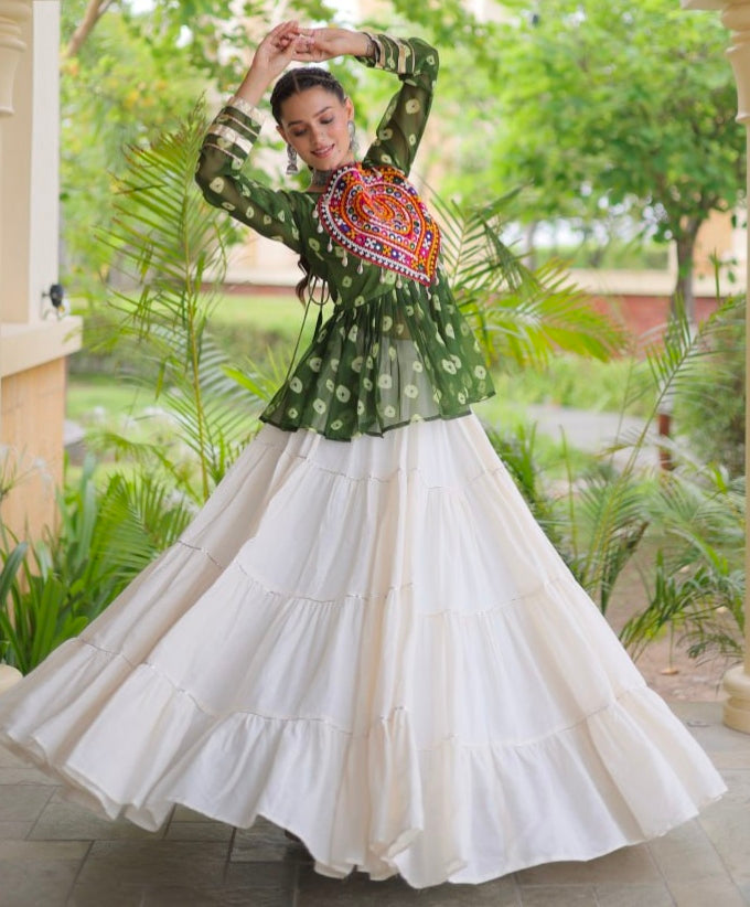 Green Pure Georgette Bandhani Print Kutchi Navratri Lehenga Choli