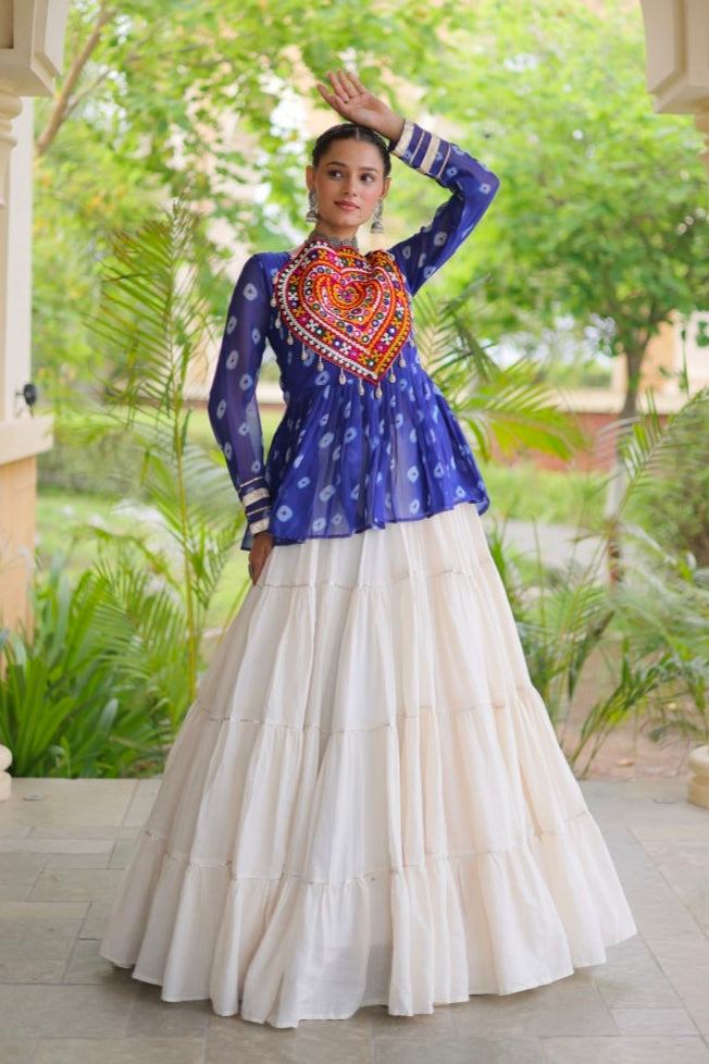 Blue Pure Georgette Bandhani Print Kutchi Navratri Lehenga Choli