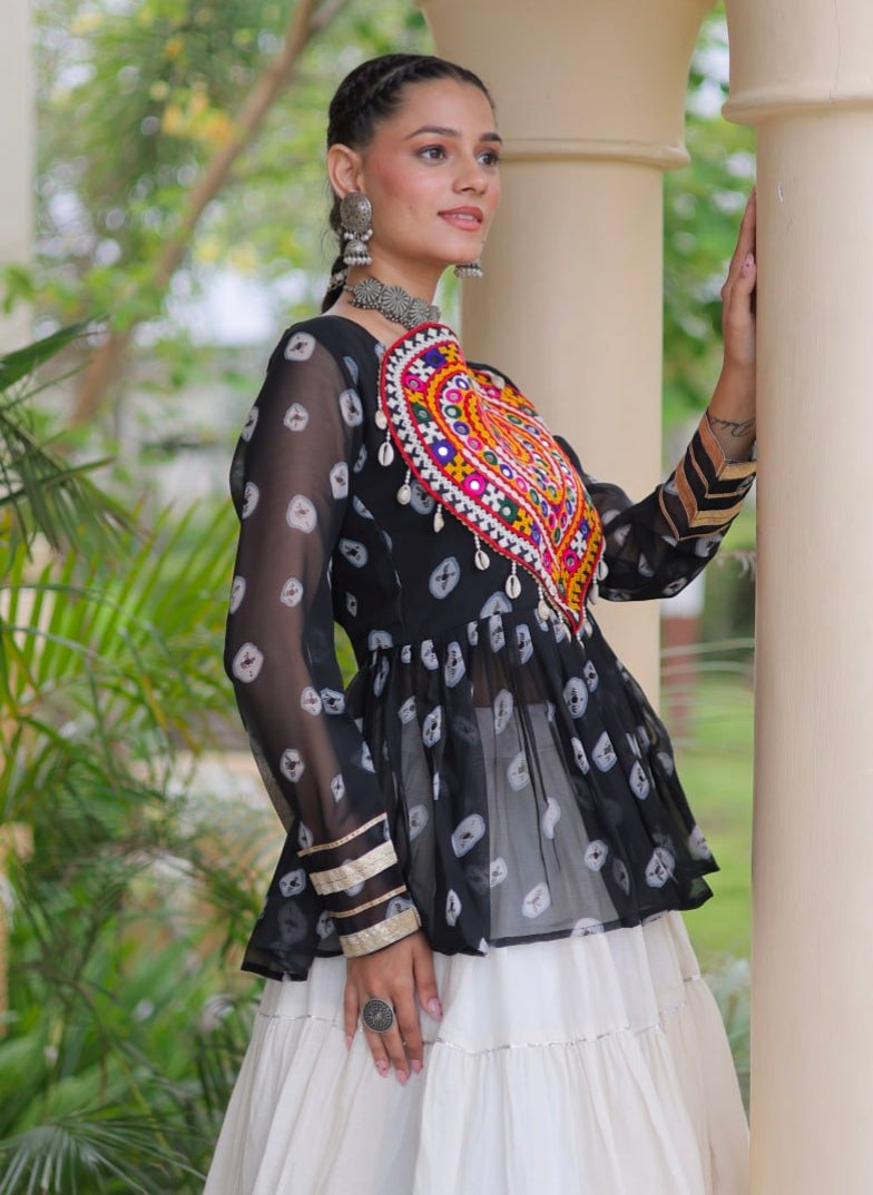 Black Pure Georgette Bandhani Print Kutchi Navratri Lehenga Choli