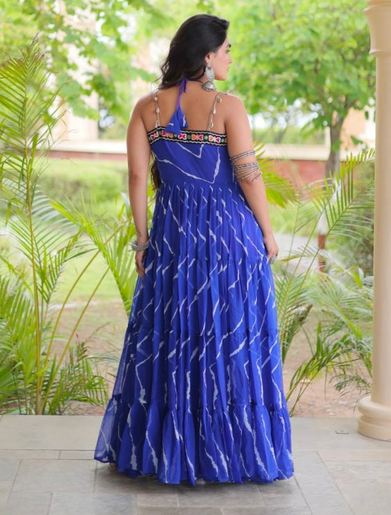 Blue Pure Faux Georgette Lahariya Print Kutchi Patchwork Anarkali Long Gown