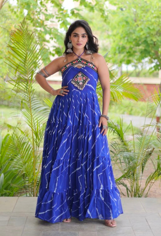 Blue Pure Faux Georgette Lahariya Print Kutchi Patchwork Anarkali Long Gown