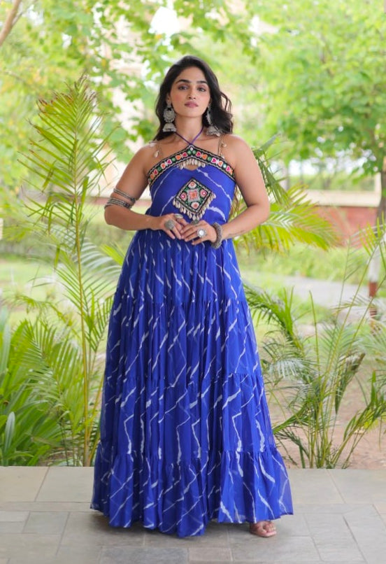 Blue Pure Faux Georgette Lahariya Print Kutchi Patchwork Anarkali Long Gown