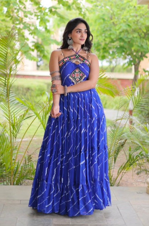 Blue Pure Faux Georgette Lahariya Print Kutchi Patchwork Anarkali Long Gown