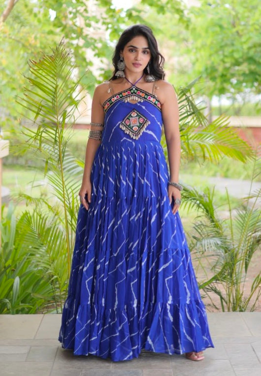 Blue Pure Faux Georgette Lahariya Print Kutchi Patchwork Anarkali Long Gown