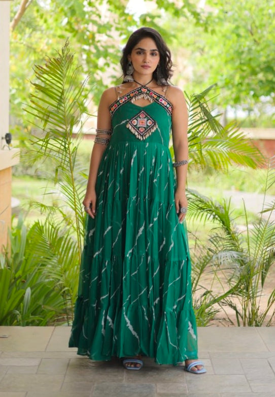 Green Pure Faux Georgette Lahariya Print Kutchi Patchwork Anarkali Long Gown
