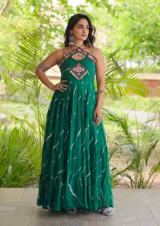 Green Pure Faux Georgette Lahariya Print Kutchi Patchwork Anarkali Long Gown