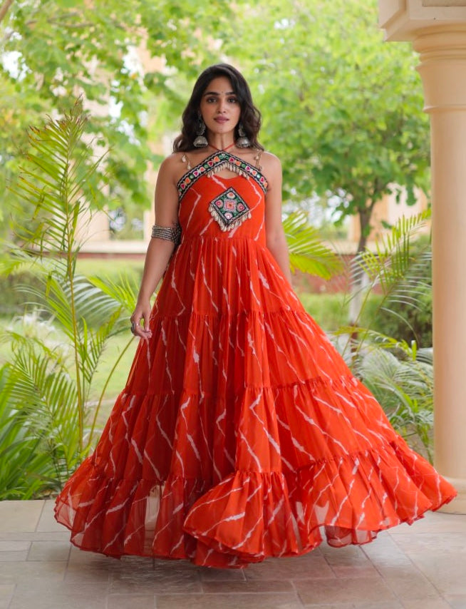 Orange Pure Faux Georgette Lahariya Print Kutchi Patchwork Anarkali Long Gown