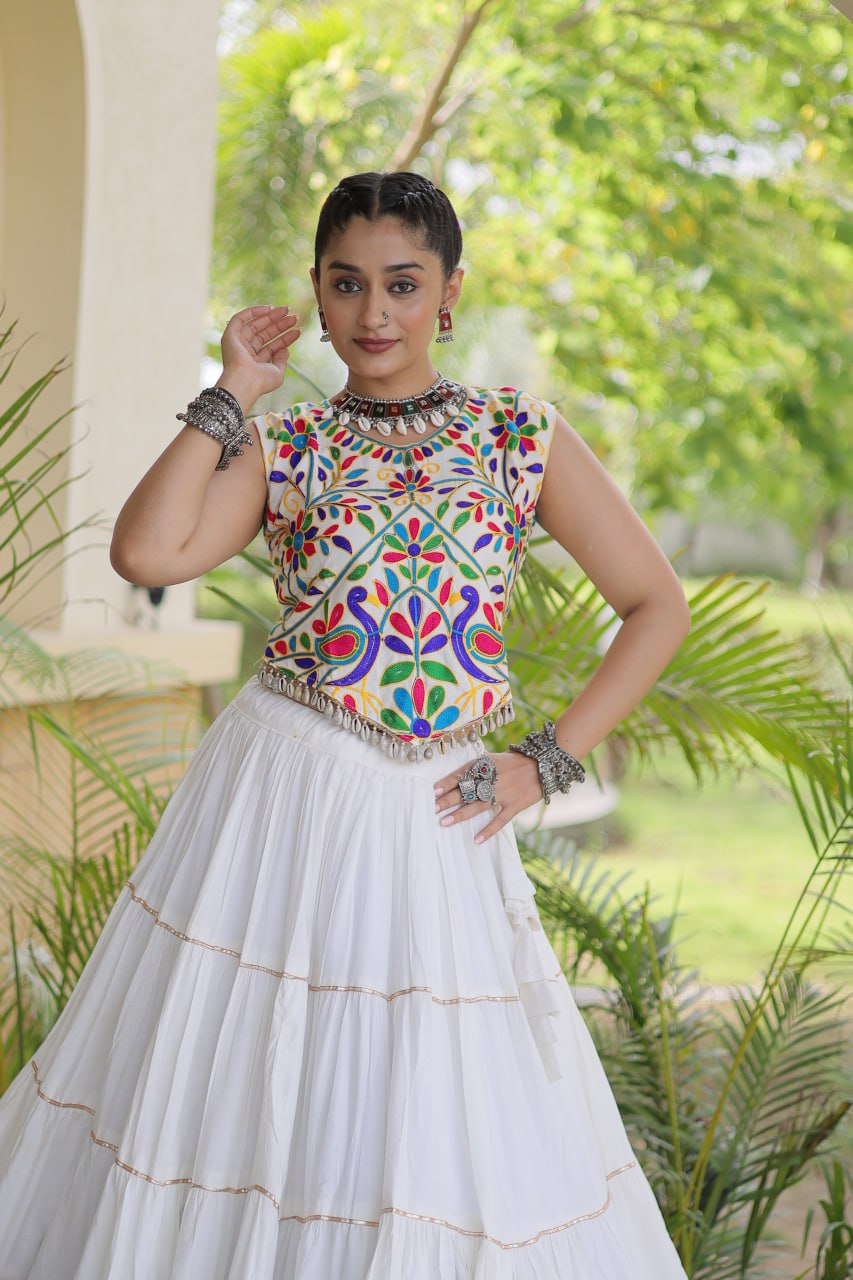 White Pure Georgette Lampi Lace Kutchi Work Navratri Lehenga Choli