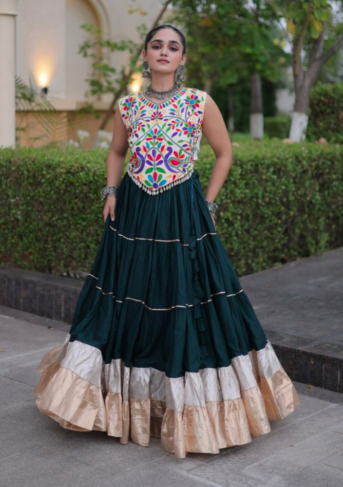 Deep Green Pure Georgette Lampi Lace Kutchi Work Navratri Lehenga Choli