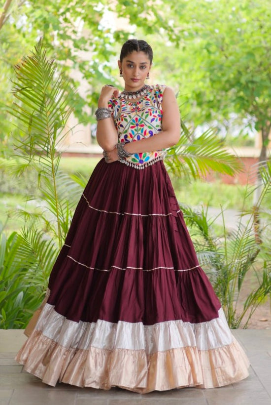 Wine Pure Georgette Lampi Lace Kutchi Work Navratri Lehenga Choli