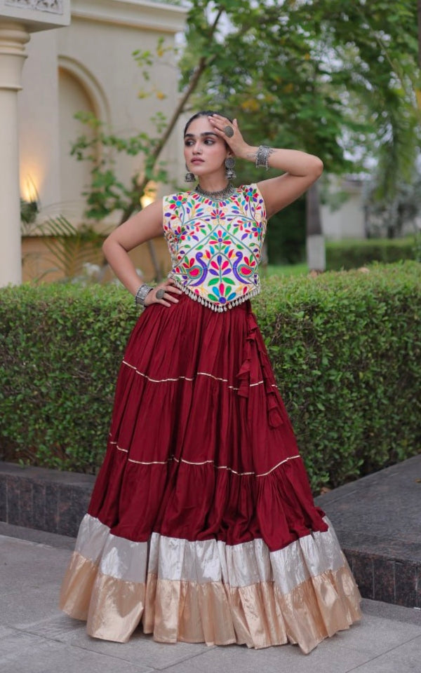 Maroon Pure Georgette Lampi Lace Kutchi Work Navratri Lehenga Choli