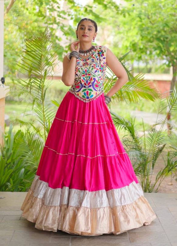 Pink Pure Georgette Lampi Lace Kutchi Work Navratri Lehenga Choli