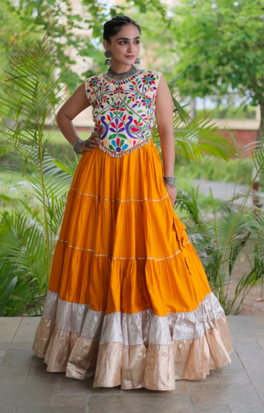Yellow Pure Georgette Lampi Lace Kutchi Work Navratri Lehenga Choli