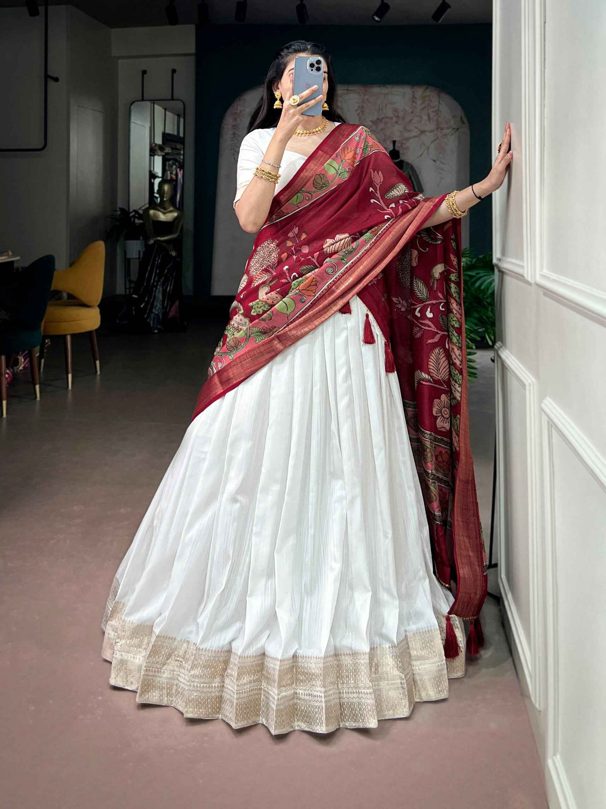 White Pure Poly Kanjivaram Tradition Zari Weaving Work South Indian Lehenga Choli