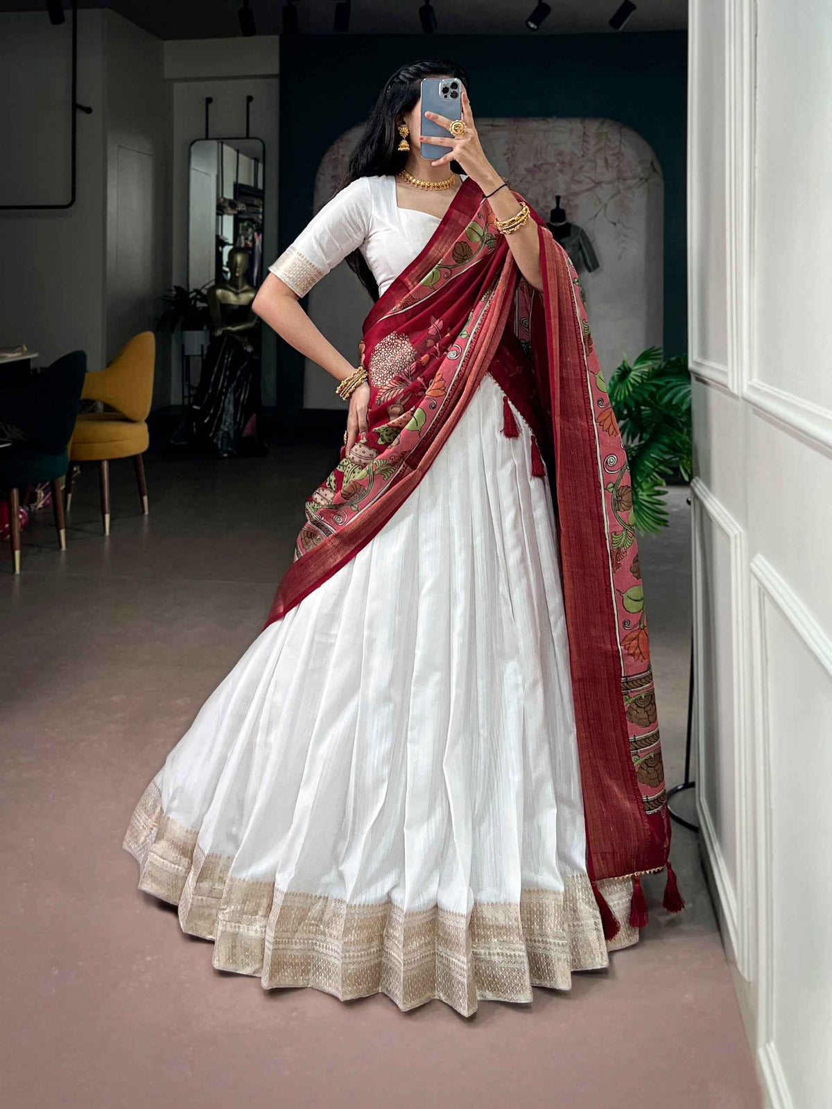 White Pure Poly Kanjivaram Tradition Zari Weaving Work South Indian Lehenga Choli