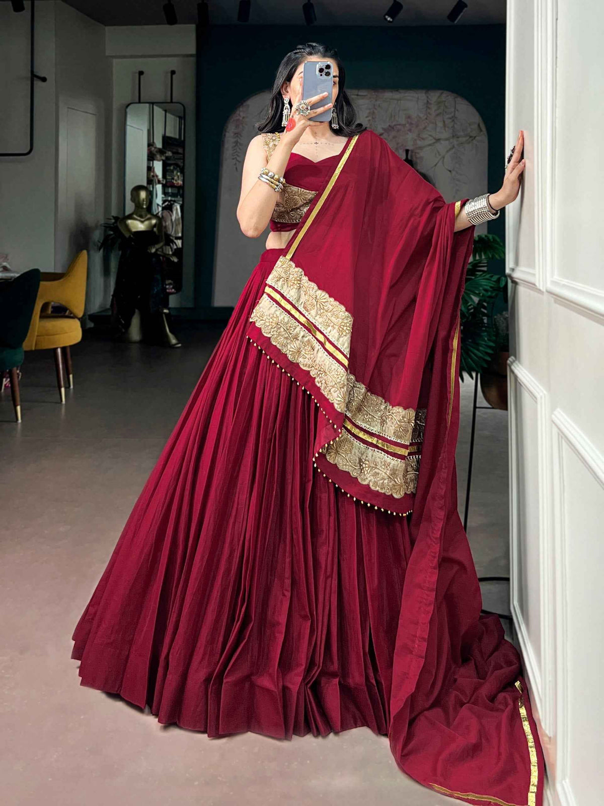 Red Pure Mal Mal Cotton Navratri Dandiya Lehenga Choli