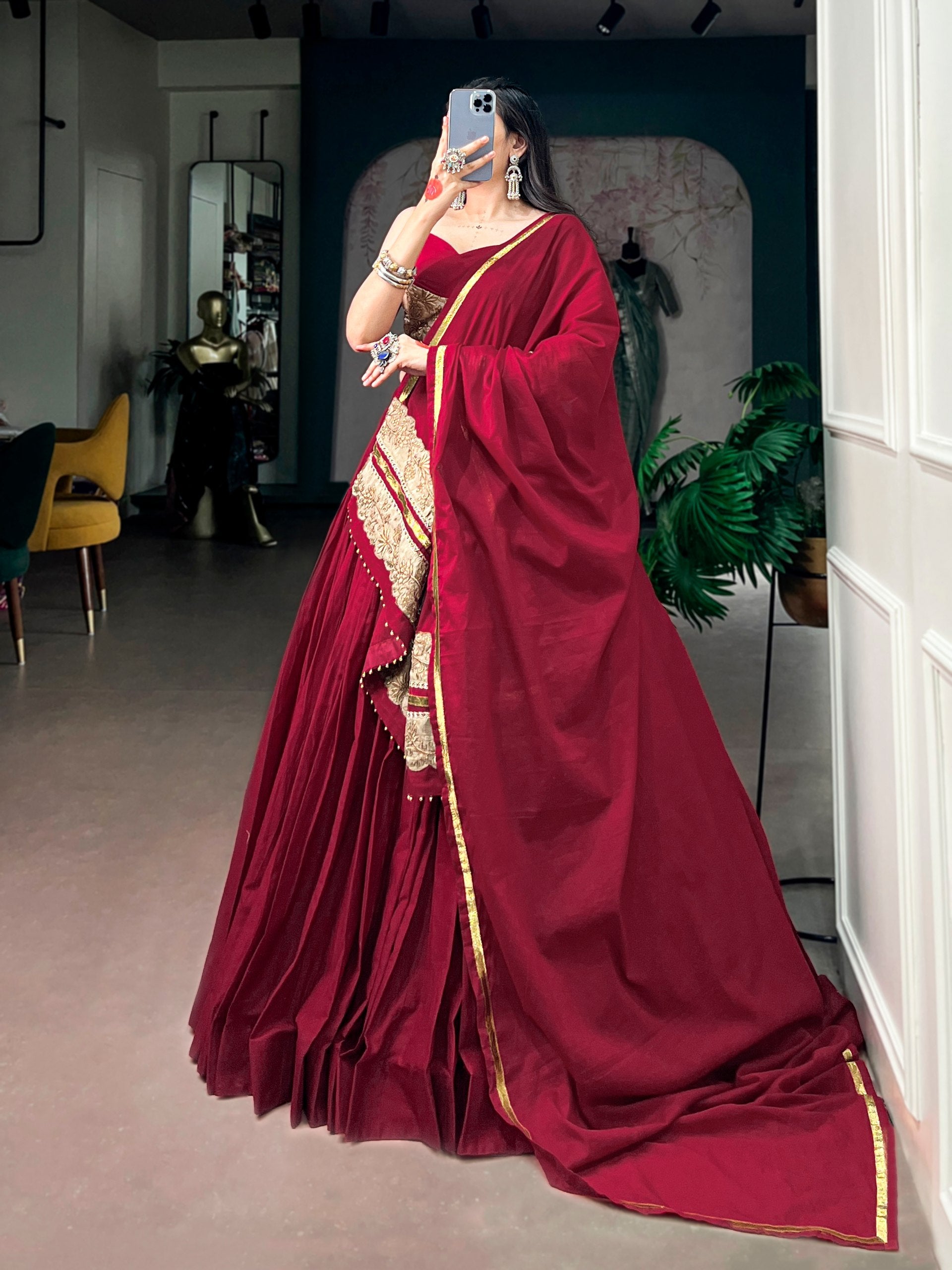 Red Pure Mal Mal Cotton Navratri Dandiya Lehenga Choli