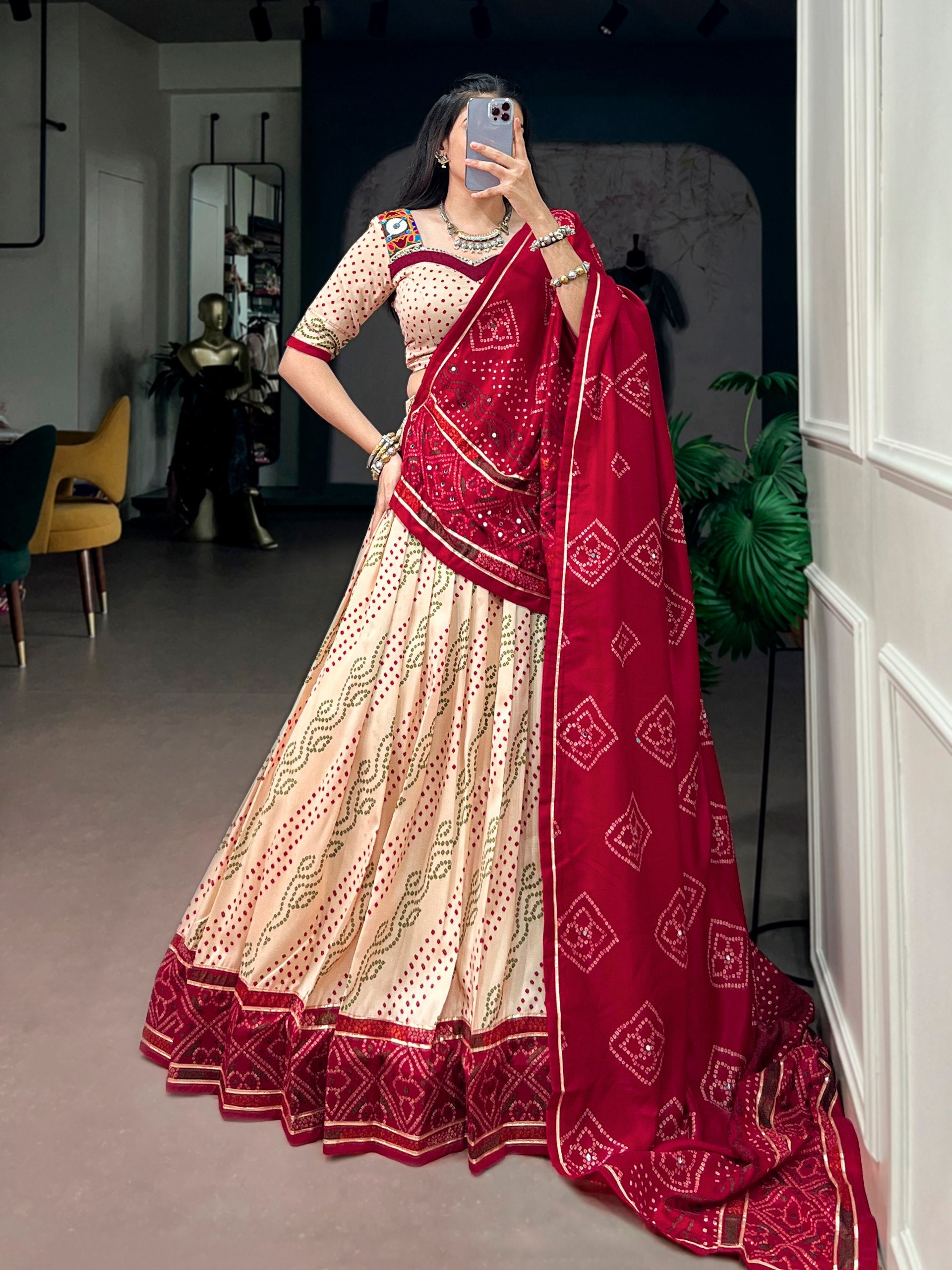 Beige Pure Tasar Silk traditional Bandhej Print Navratri Lehenga Choli