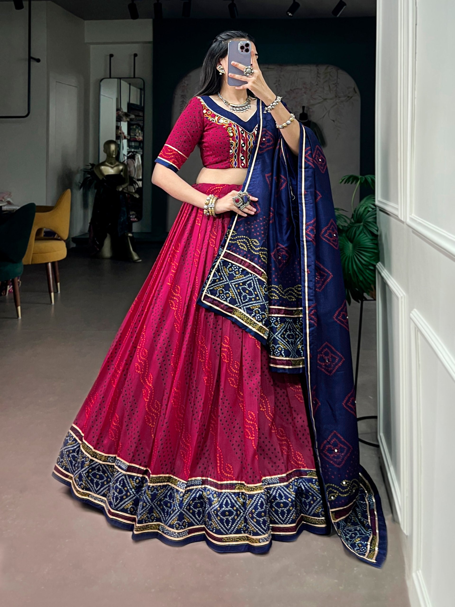 Red Pure Tasar Silk traditional Bandhej Print Navratri Lehenga Choli