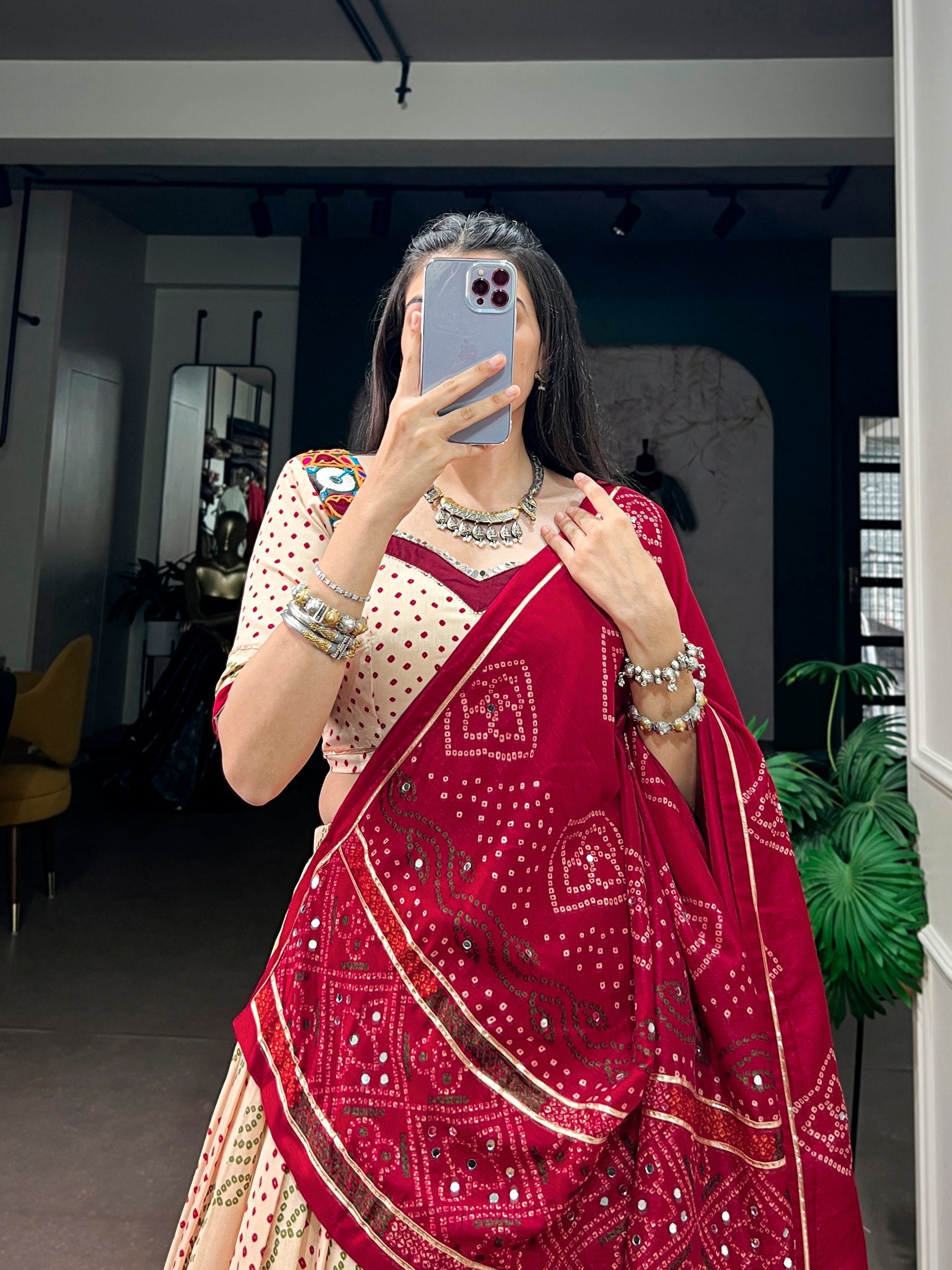 Beige Pure Tasar Silk traditional Bandhej Print Navratri Lehenga Choli