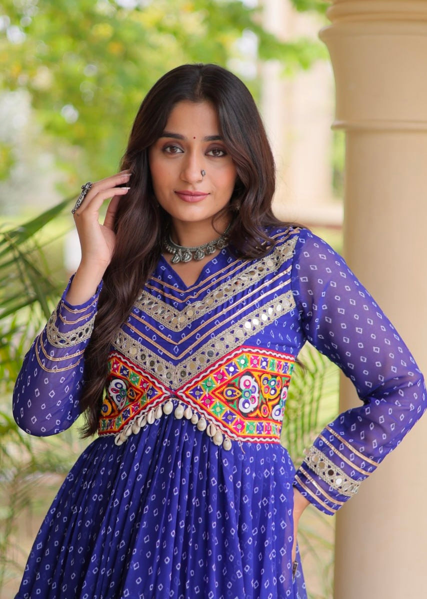 Blue Pure Faux Georgette Bandhani Print With Kutchi Patchwork Anarkali Long Gown
