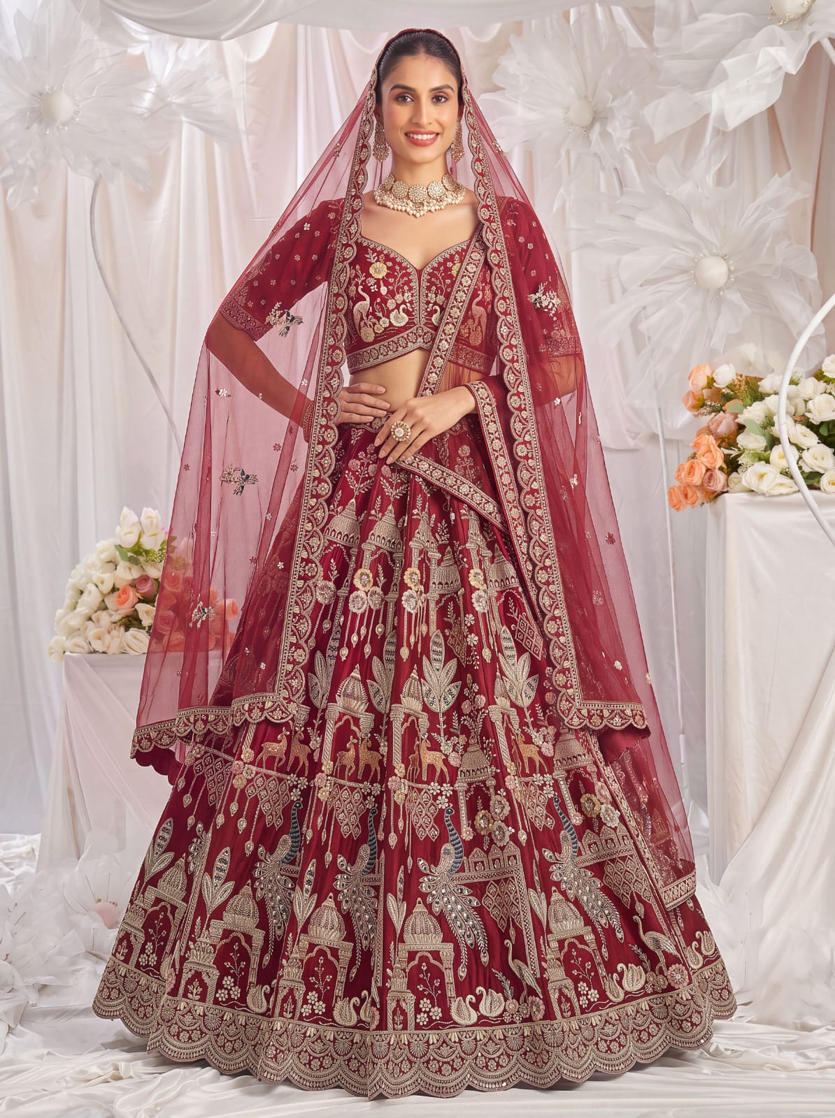 Red Pure Sub Silk Premium Heavy Beads & Motif Dori Embroidery Zari Sequins Hand Work Bridal Lehenga Choli