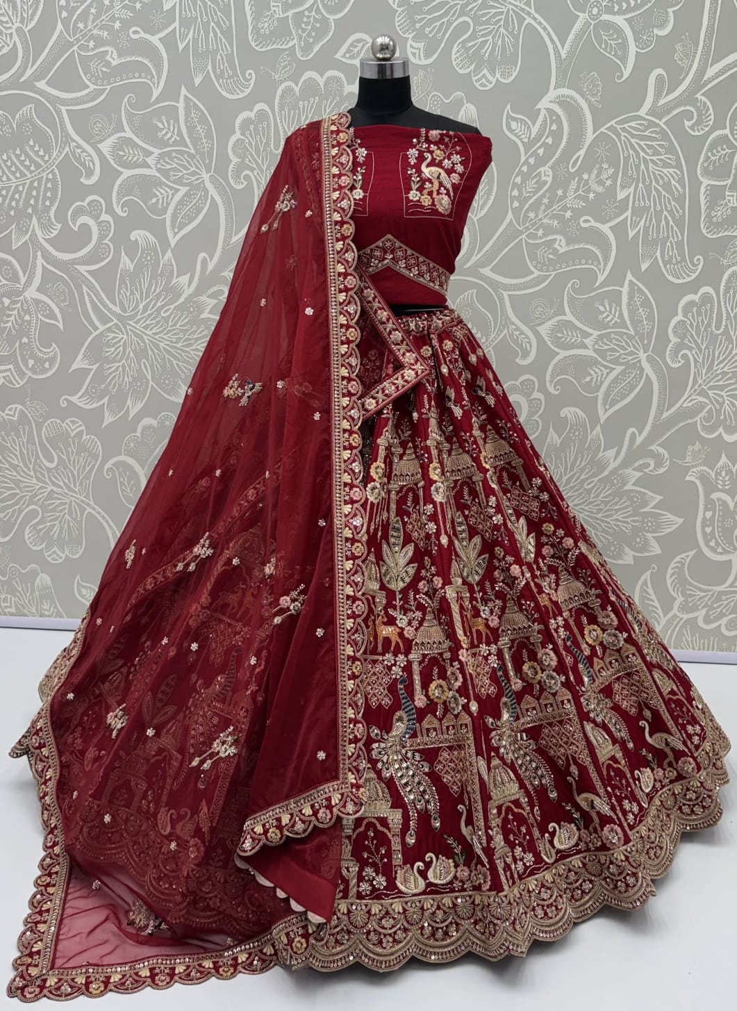 Red Pure Sub Silk Premium Heavy Beads & Motif Dori Embroidery Zari Sequins Hand Work Bridal Lehenga Choli