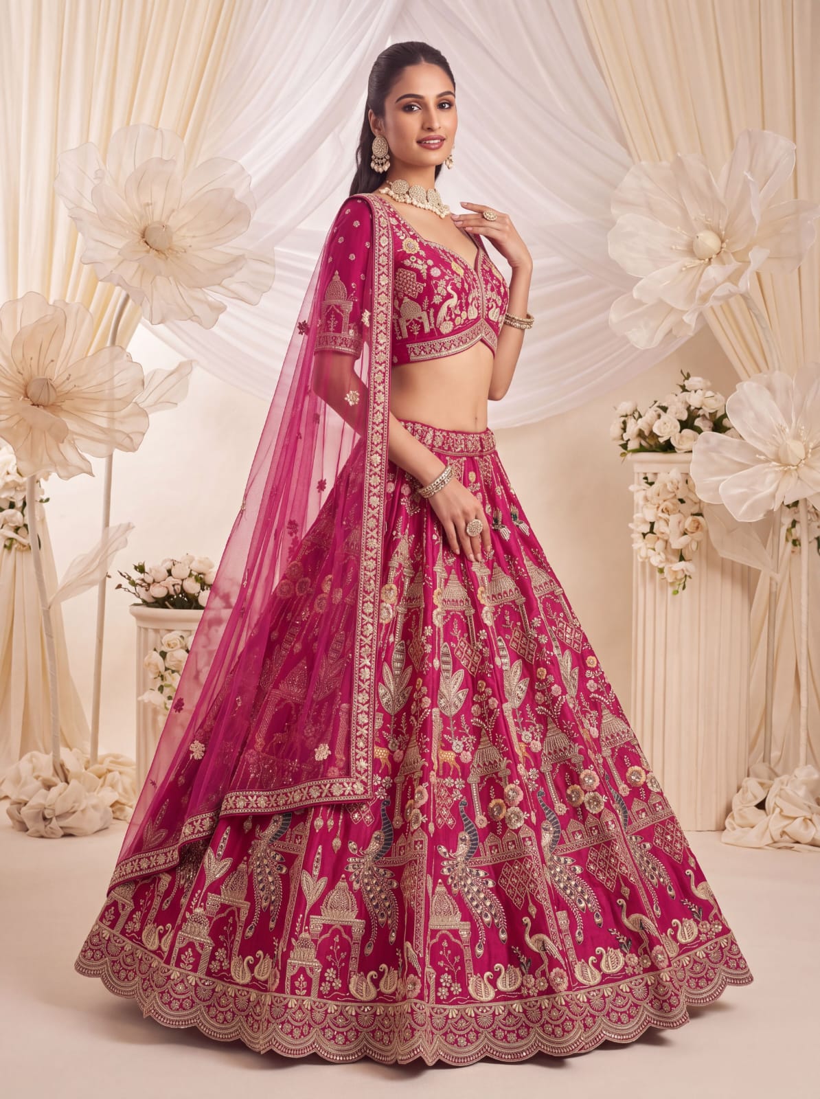 Pink Pure Sub Silk Premium Heavy Beads & Motif Dori Embroidery Zari Sequins Hand Work Bridal Lehenga Choli