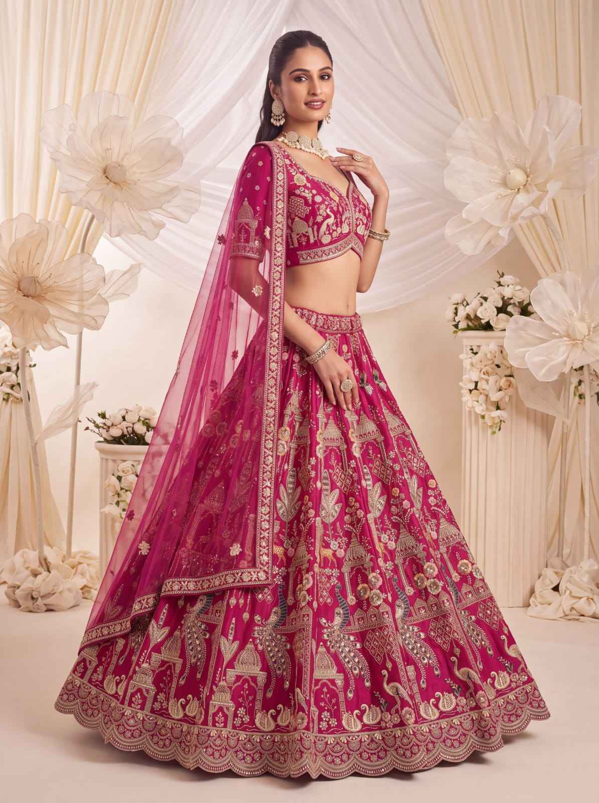 Pink Pure Sub Silk Premium Heavy Beads & Motif Dori Embroidery Zari Sequins Hand Work Bridal Lehenga Choli