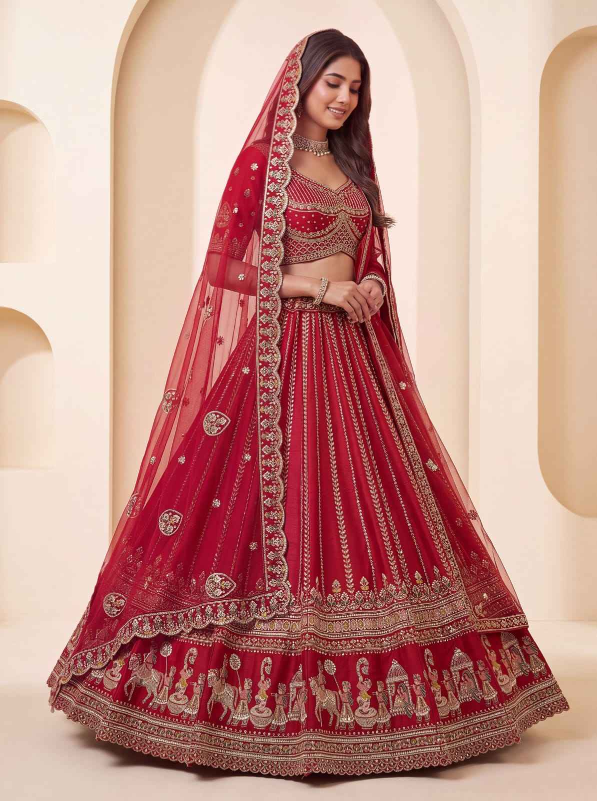 Red Pure Premium Silk Heavy Beads & Motif Dori Embroidery Zari Sequins Hand Work Bridal Lehenga Choli