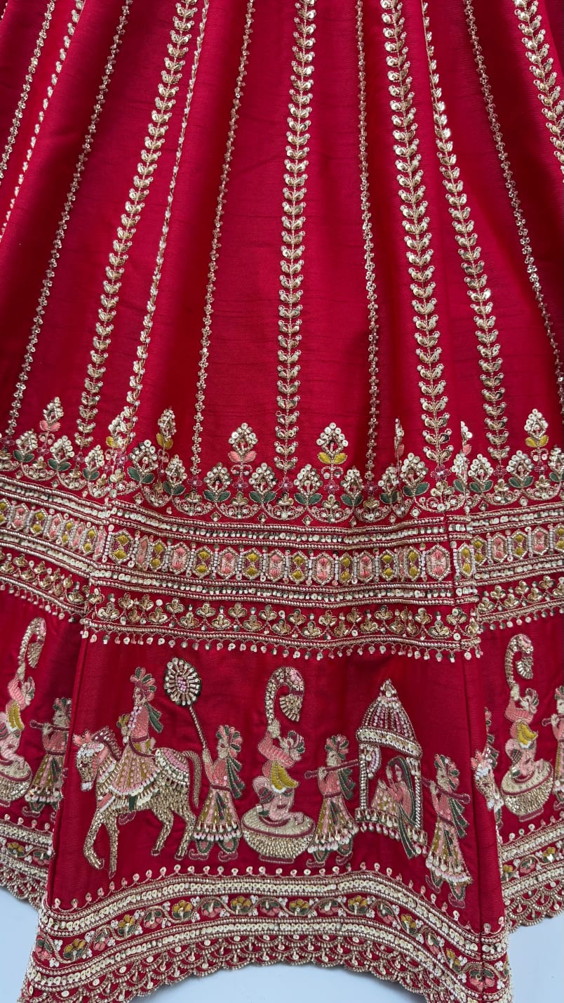 Red Pure Premium Silk Heavy Beads & Motif Dori Embroidery Zari Sequins Hand Work Bridal Lehenga Choli
