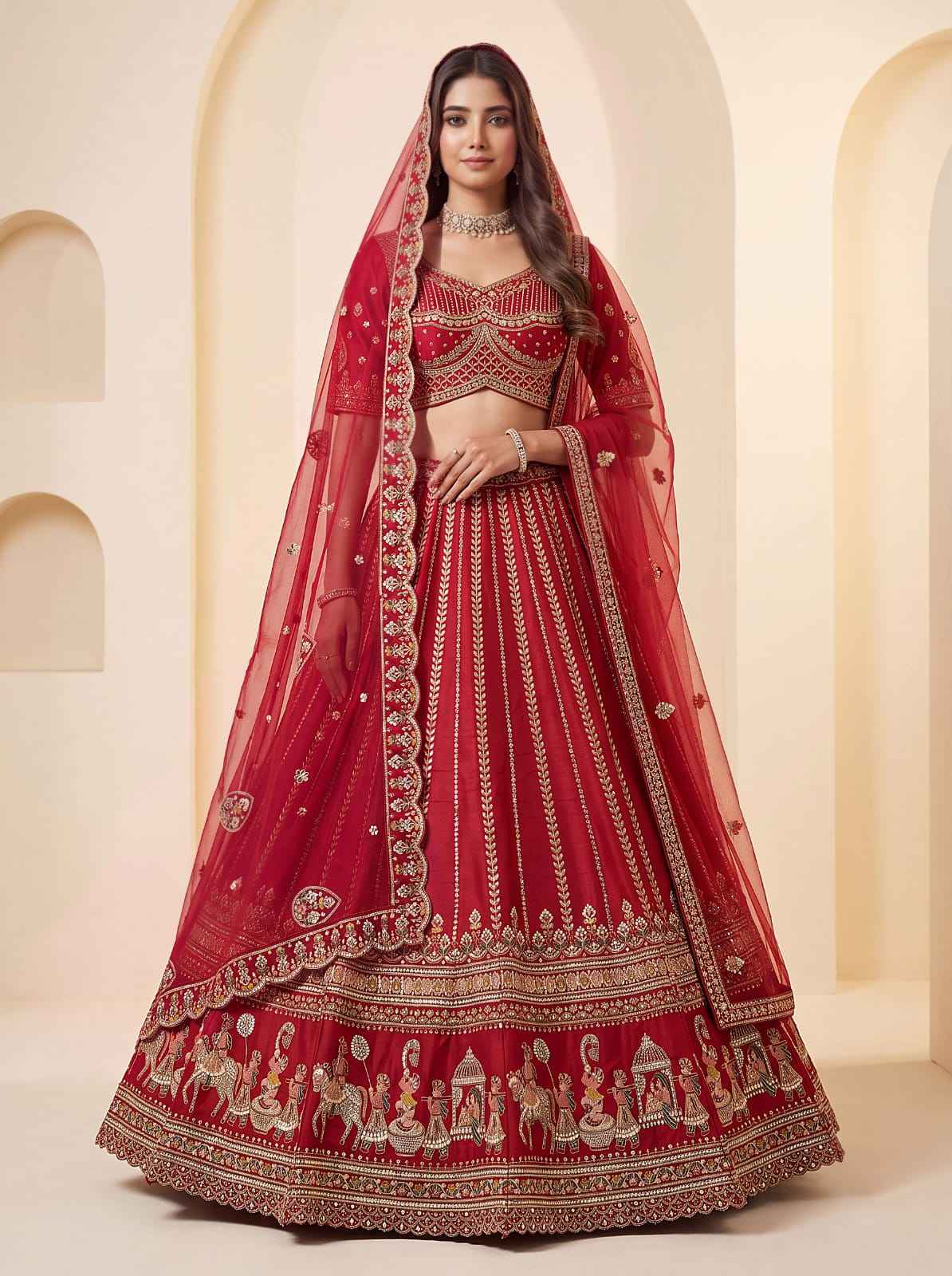 Red Pure Premium Silk Heavy Beads & Motif Dori Embroidery Zari Sequins Hand Work Bridal Lehenga Choli