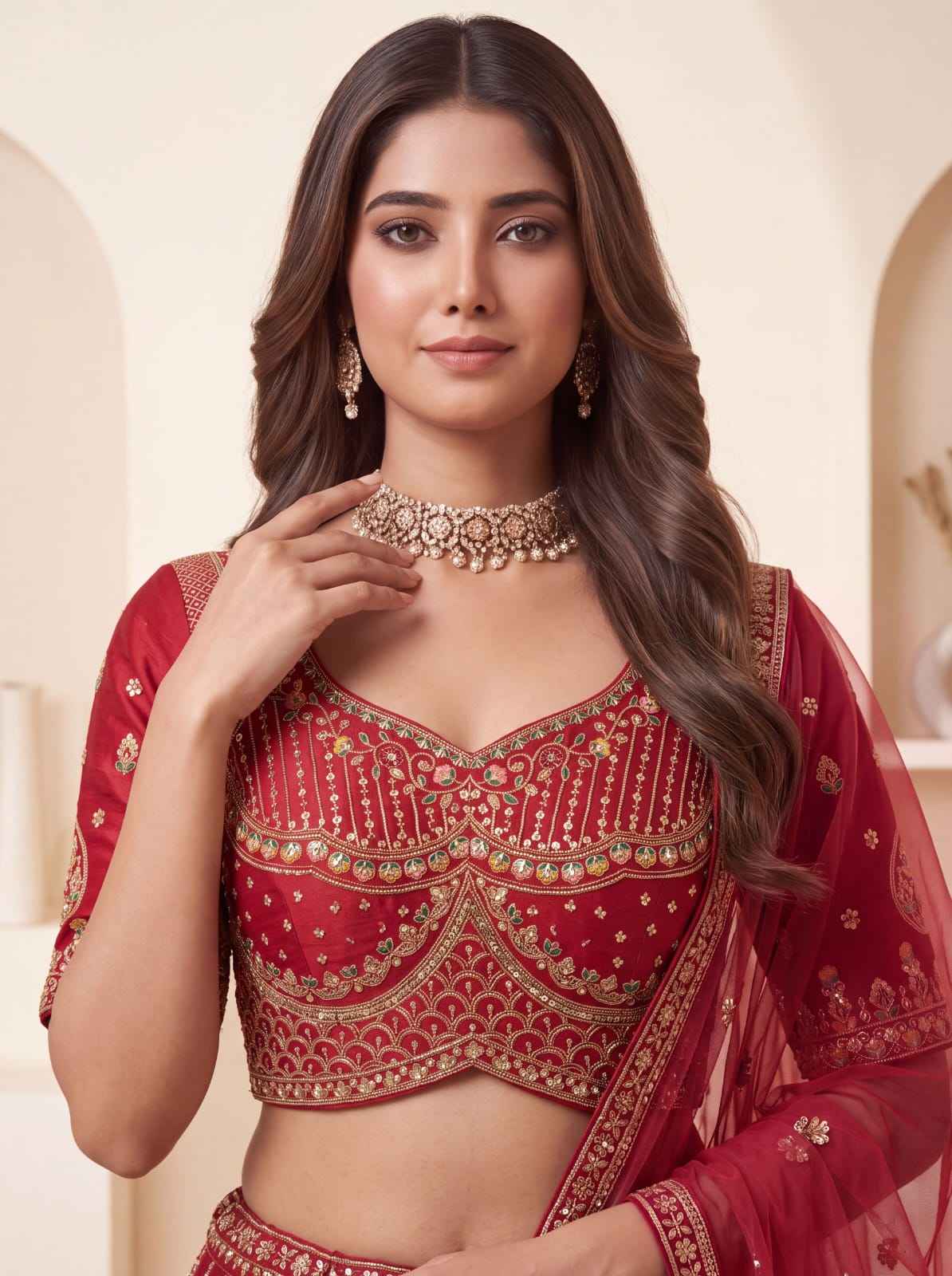 Red Pure Premium Silk Heavy Beads & Motif Dori Embroidery Zari Sequins Hand Work Bridal Lehenga Choli
