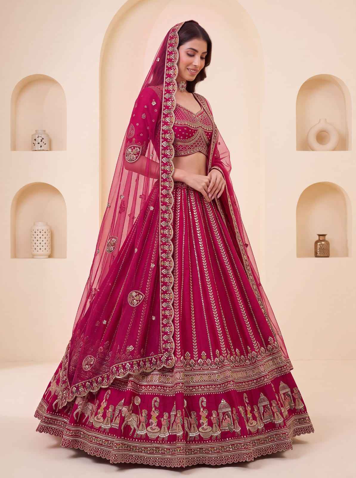 Pink Pure Premium Silk Heavy Beads & Motif Dori Embroidery Zari Sequins Hand Work Bridal Lehenga Choli